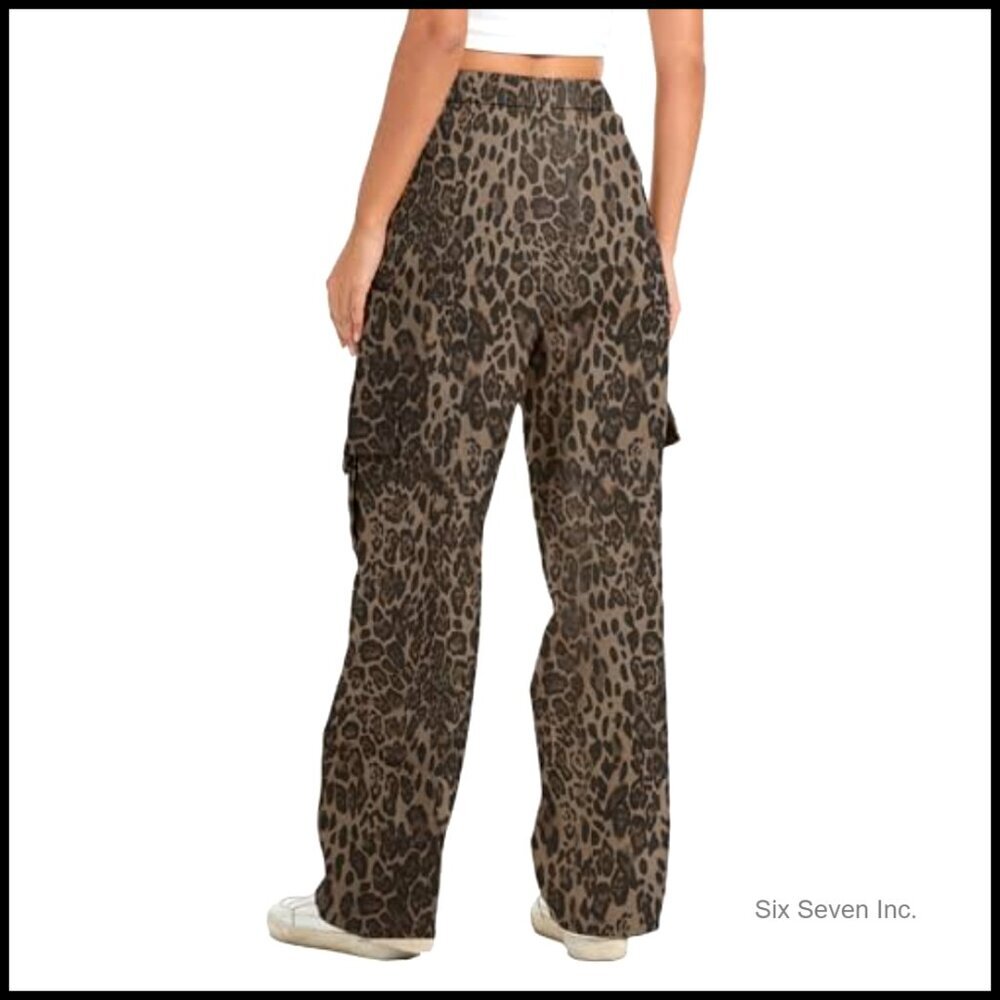 High Waist Wide Leg Cargo Pants Stretchy Pull On Baggy Casual - Picture 5 of 6